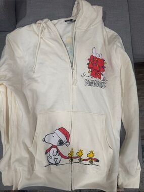 Peanuts Kids Cream Zip Hoodie with Red & Yellow Holiday Snoopy Print